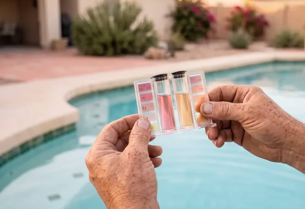 Weathered hands holding a chemical test comparator over clear pool water
